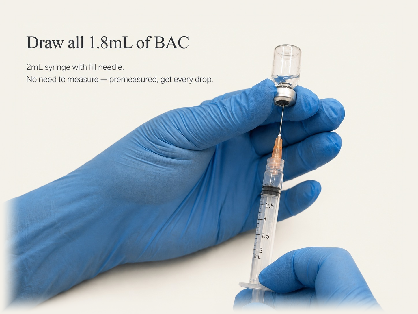 Drawing 1.8mL of BAC water from the vial with a 2mL syringe and fill needle